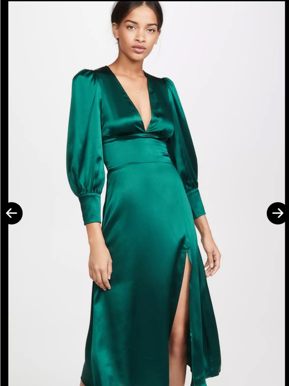 Reformation Emerald Satin Maxi Dress with V-Neck and Slit